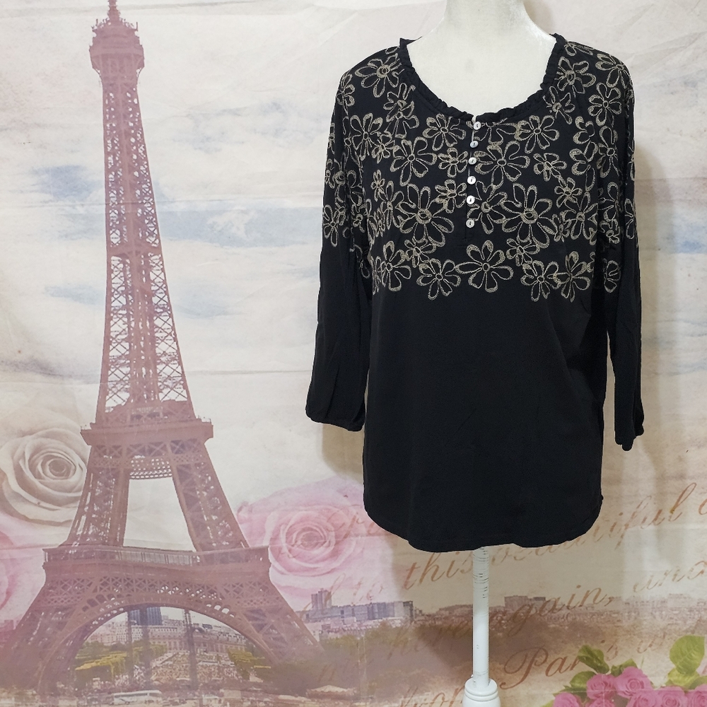J. Jill Black Floral Embroidered Blouse Sz L